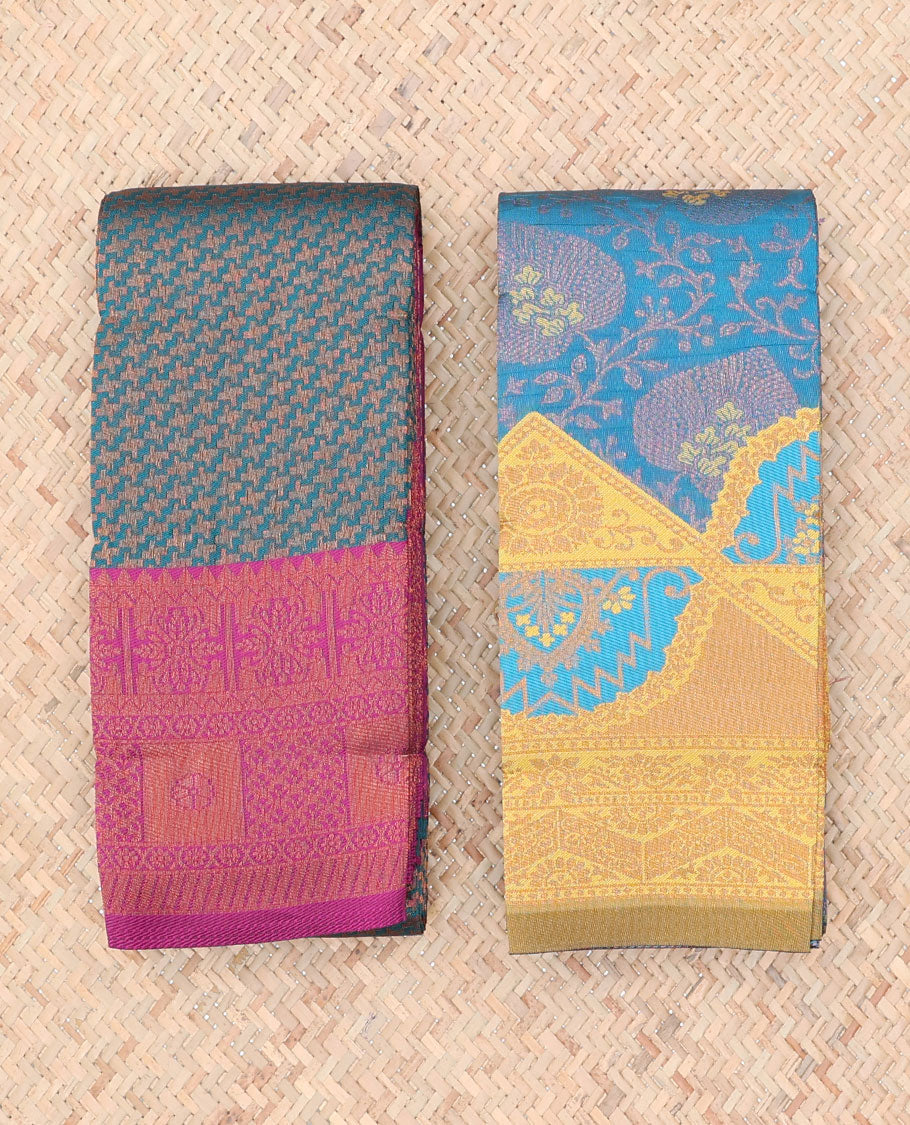 Pack of 2 combo litchi sarees with blue & blue jacquard sarees, contrast traditional motif borders & intricate pallus