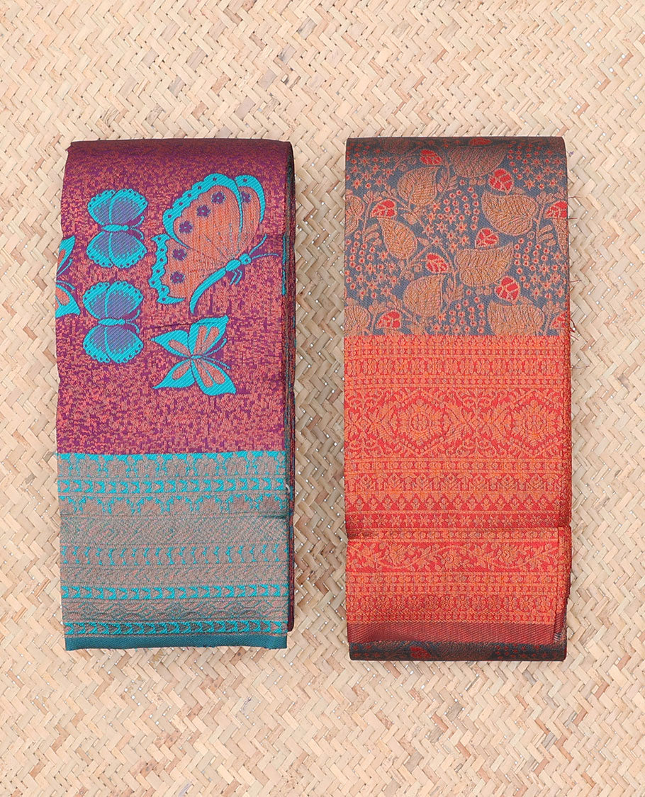 Pack of 2 combo litchi sarees with purple & grey jacquard sarees, contrast traditional motif borders & intricate pallus