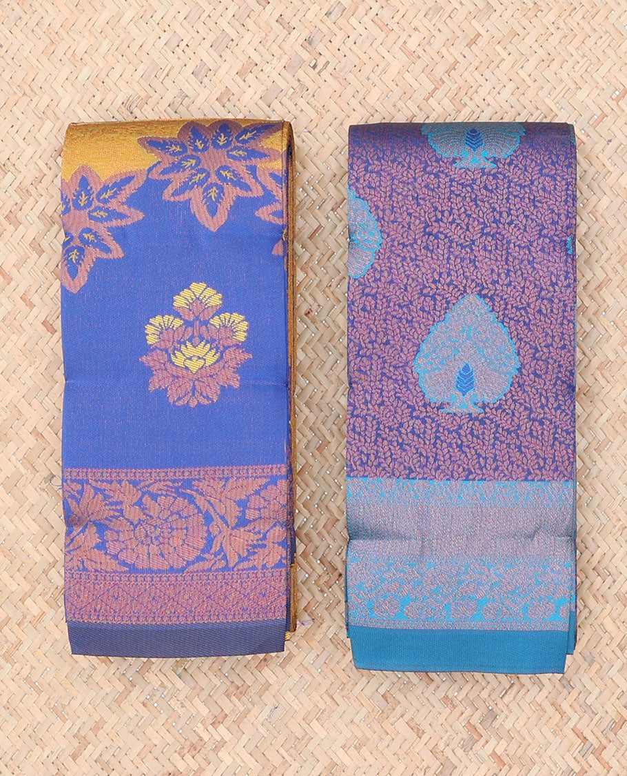 Pack of 2 combo litchi sarees with yellow & blue jacquard sarees, contrast traditional motif borders & intricate pallus