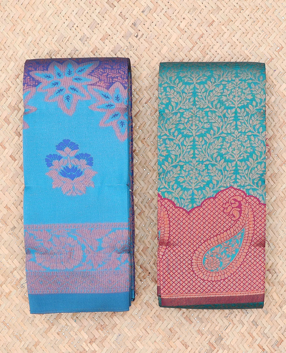 Pack of 2 combo litchi sarees with blue & blue jacquard sarees, contrast traditional motif borders & intricate pallus