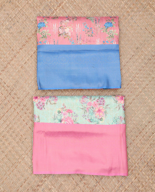 Pack of 2 fancy softy sarees features pink & blue floral vine printed sarees, contrast traditional design borders