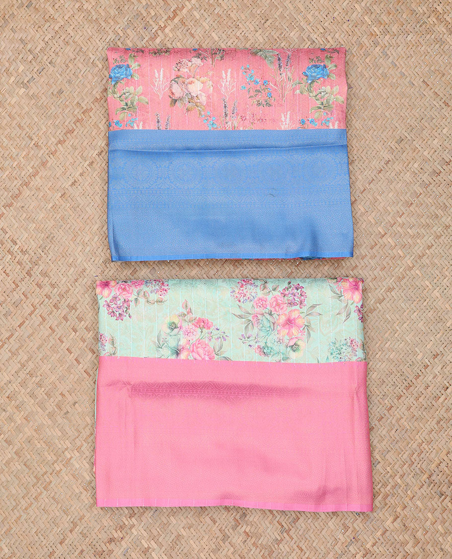 Pack of 2 fancy softy sarees features pink & blue floral vine printed sarees, contrast traditional design borders