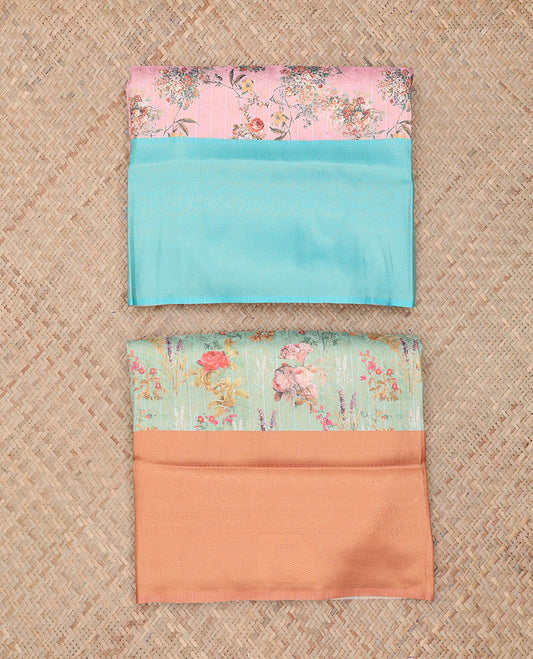 Pack of 2 fancy softy sarees features pink & green floral vine printed sarees, contrast traditional design borders