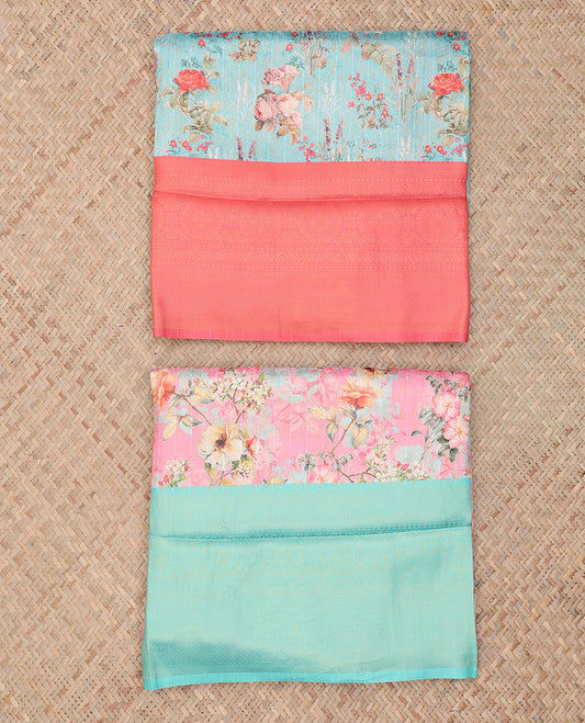 Pack of 2 fancy softy sarees features blue & pink floral vine printed sarees, contrast traditional design borders