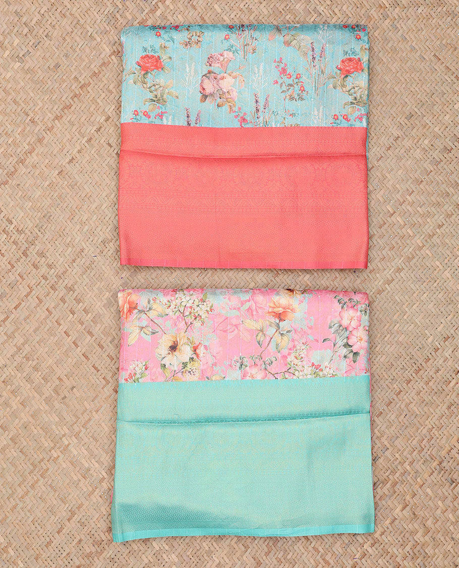 Pack of 2 fancy softy sarees features blue & pink floral vine printed sarees, contrast traditional design borders