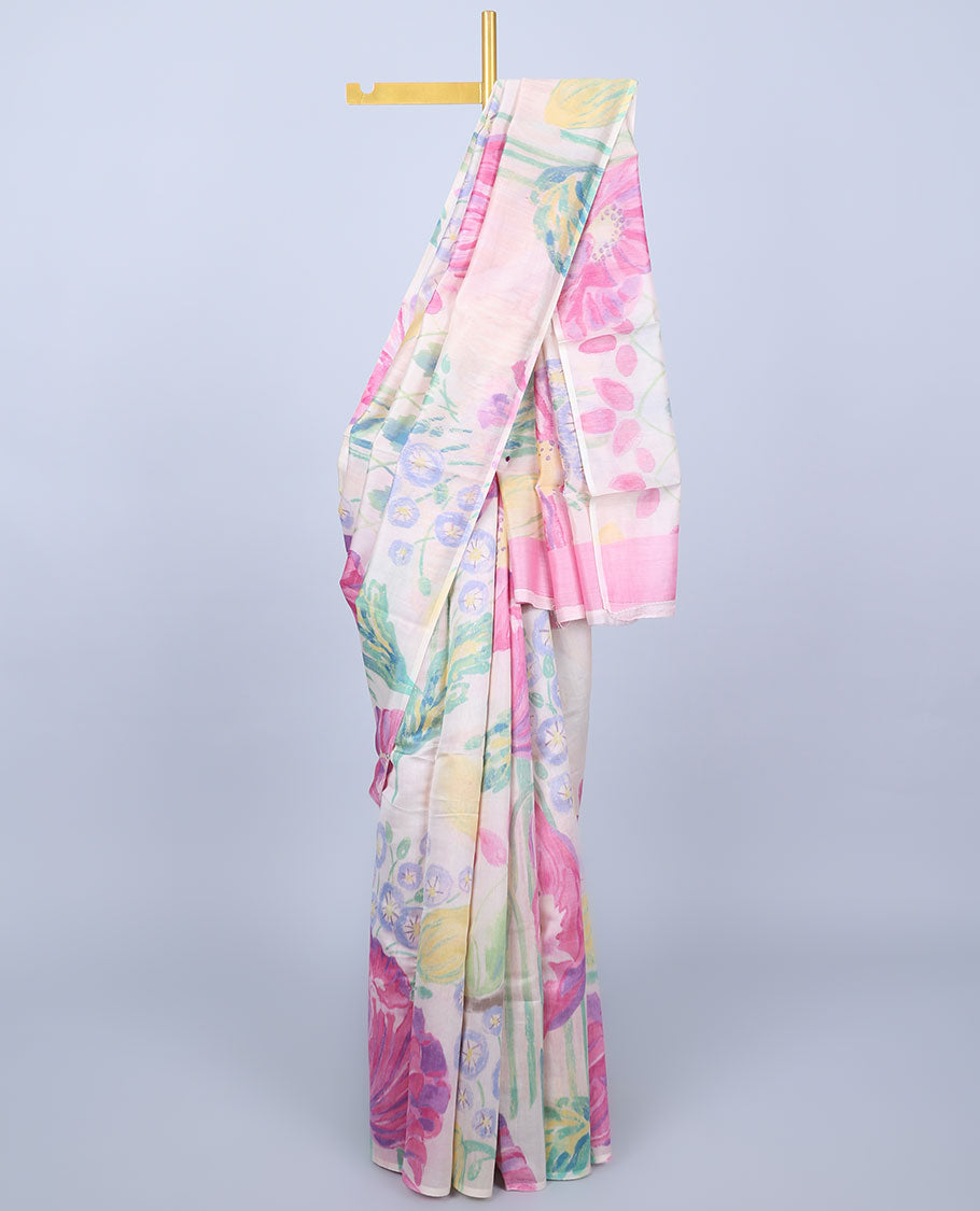 Borderless multi-color unique floral motifs digital printed chiniya silk saree
