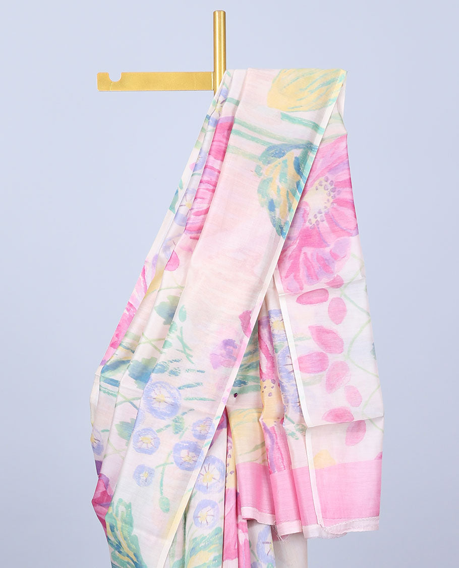 Borderless multi-color unique floral motifs digital printed chiniya silk saree