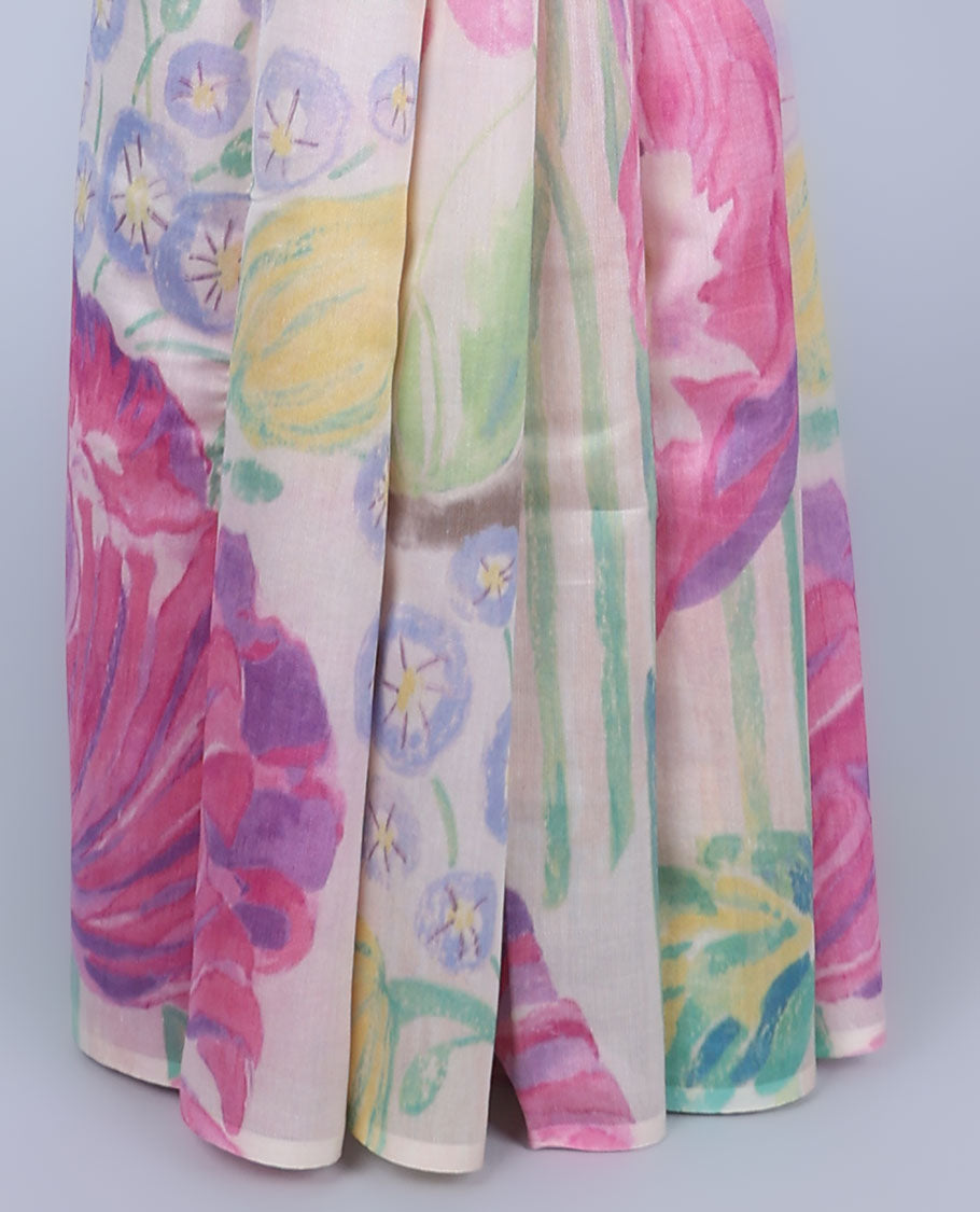 Borderless multi-color unique floral motifs digital printed chiniya silk saree
