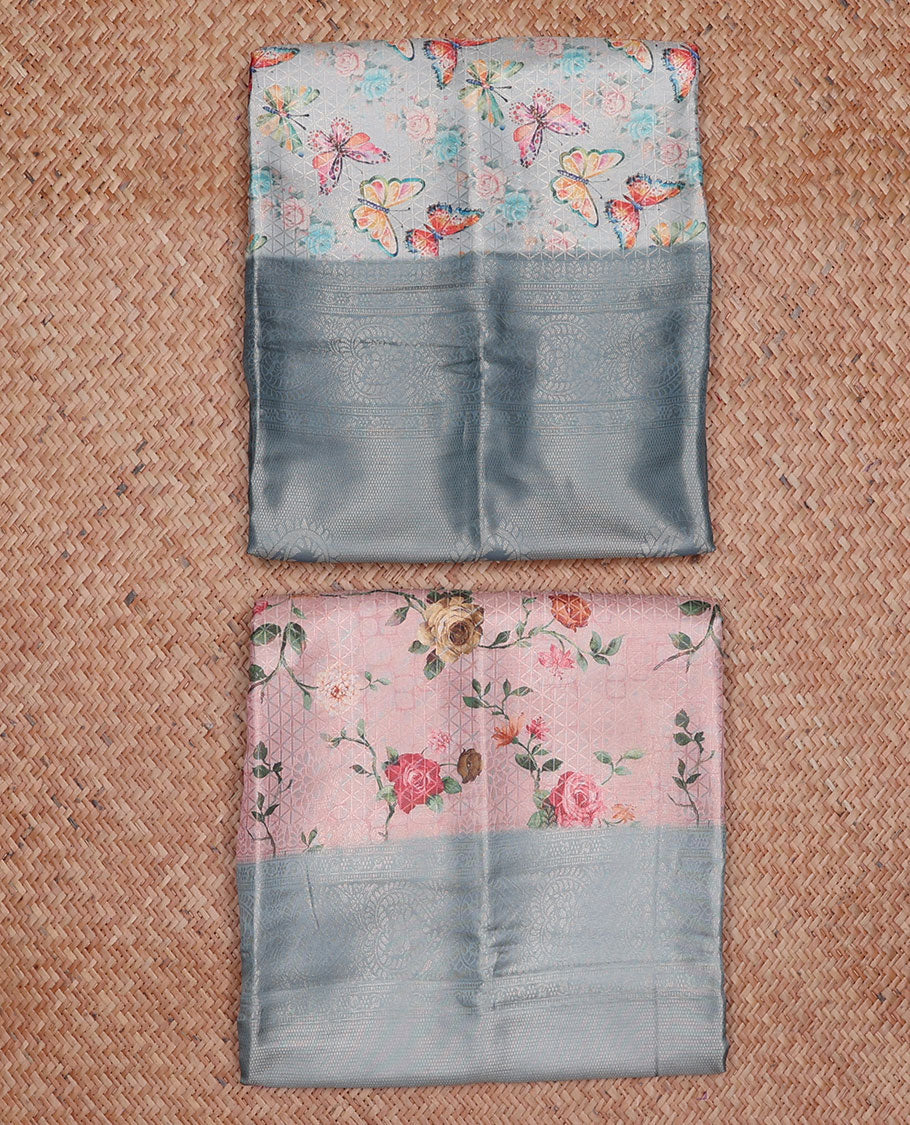 Pack of 2 combo fancy softy sarees, grey butterfly motifs & pink floral vine sarees, contrast traditional motif borders