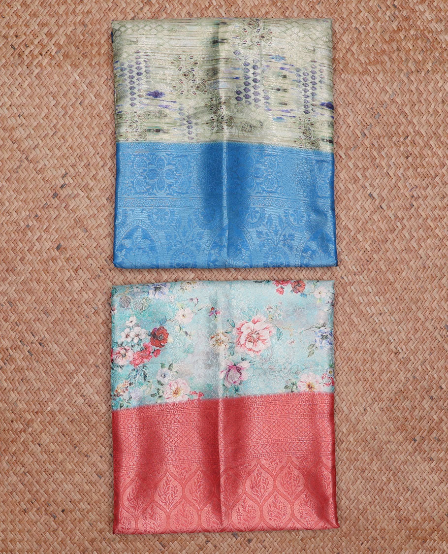 Pack of 2 combo fancy softy sarees with green & blue floral vine & geometric printed sarees, traditional motif borders