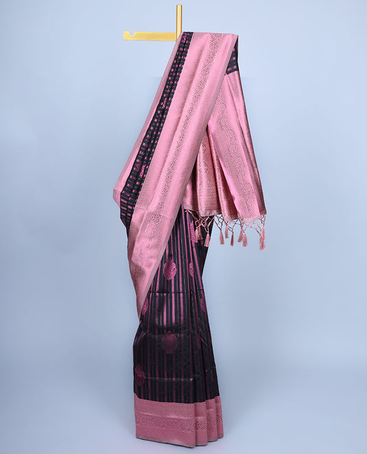 Black butter silk saree with zari designs, contrast zari traditional design border & pallu of intricate designs