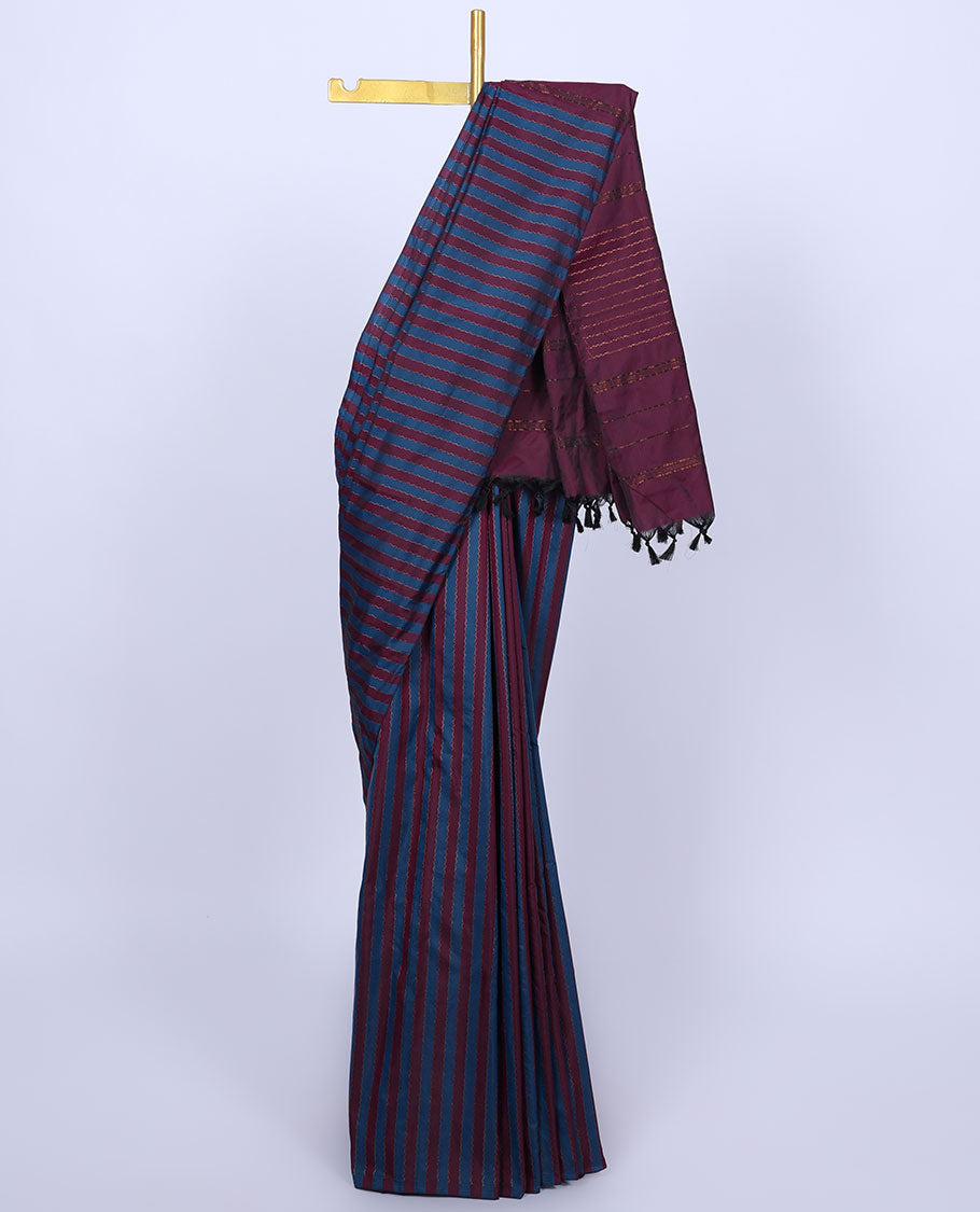 Borderless purple & blue striped aarani saree with zig-zag stripes, self-pallu of zig-zag stripes