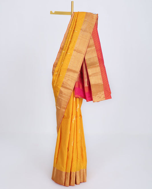 Yellow embossed Bangalore silksaree with buttas, contrast traditional motifs zari border & pallu of intricate designs