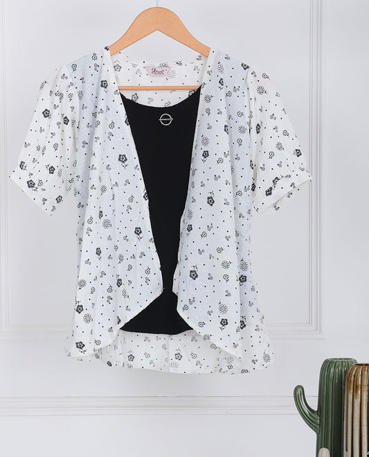 White unique micro-motifs  printed regular-collar & puff-sleeve attached-coat style top