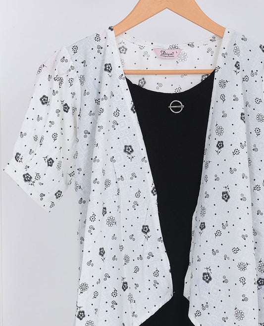 White unique micro-motifs  printed regular-collar & puff-sleeve attached-coat style top