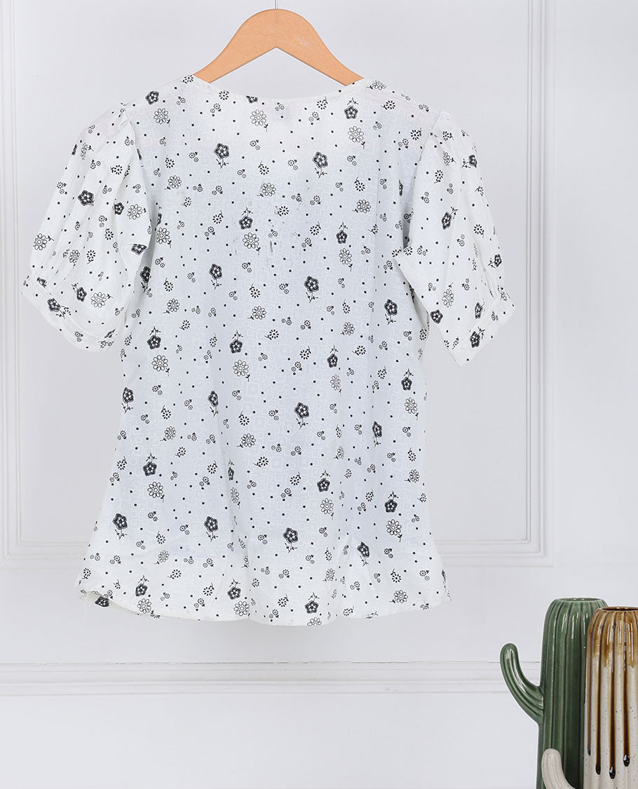 White unique micro-motifs  printed regular-collar & puff-sleeve attached-coat style top