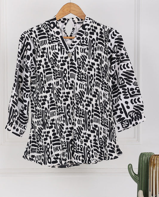 White geometric motifs printed Chinese collar & 3/4th sleeve rayon top