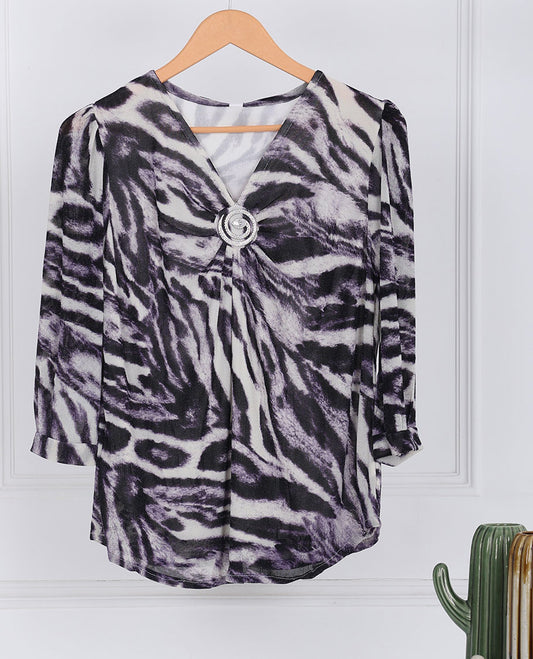 Multi-color animal printed Deep V-neck & 3/4th sleeve top