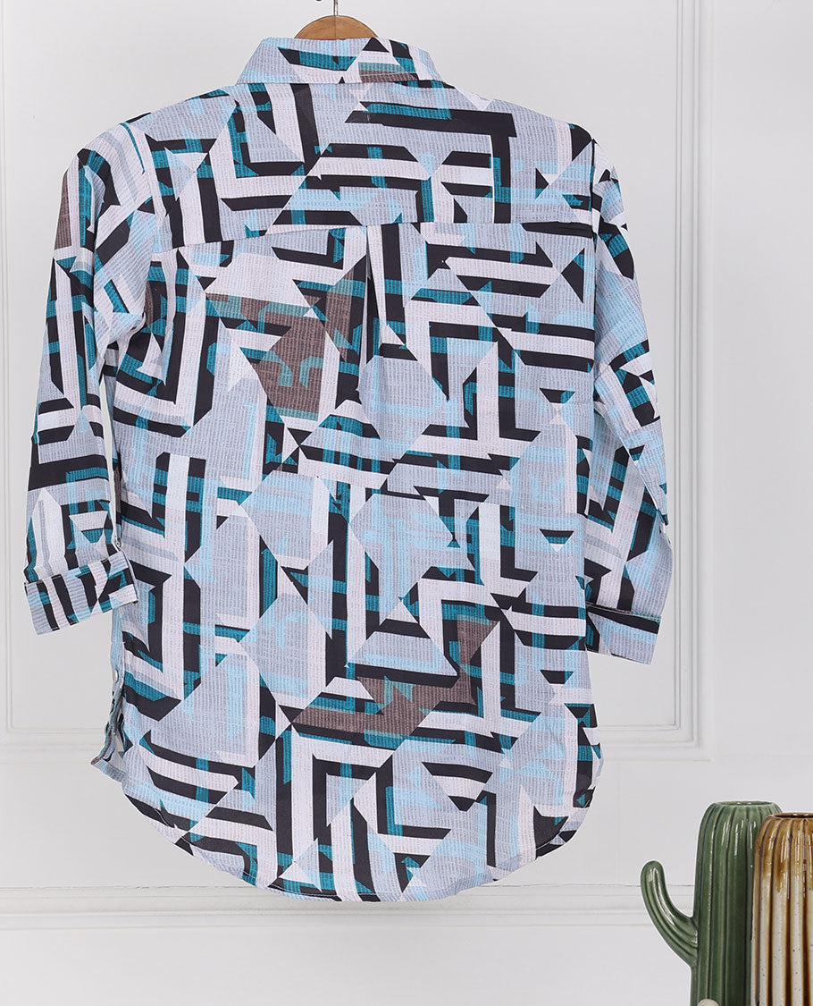 Multi-color geometric printed regular-collar & 3/4th sleeve top