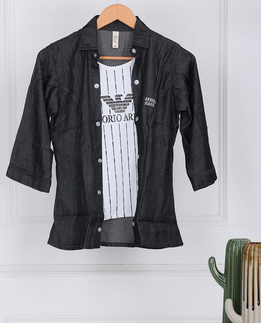 Dark grey typographic printed regular-collar & 3/4th sleeve attached-coat style top
