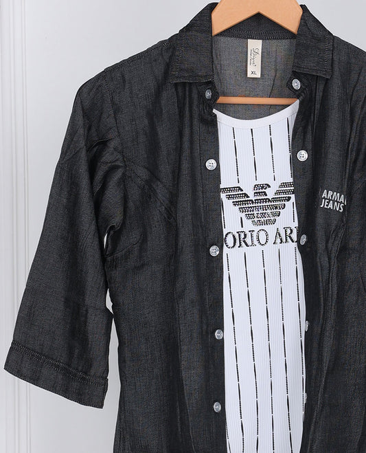 Dark grey typographic printed regular-collar & 3/4th sleeve attached-coat style top