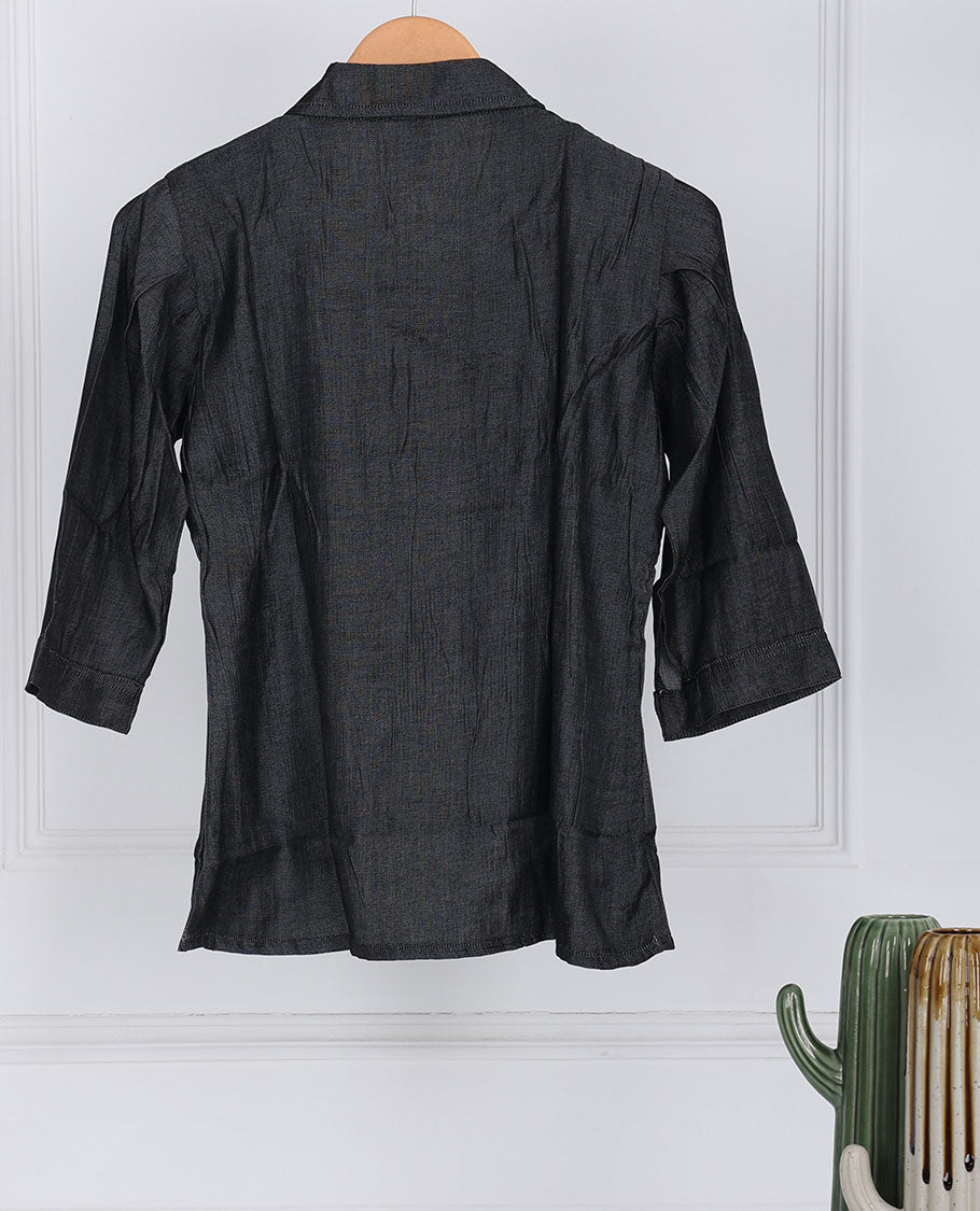 Dark grey typographic printed regular-collar & 3/4th sleeve attached-coat style top