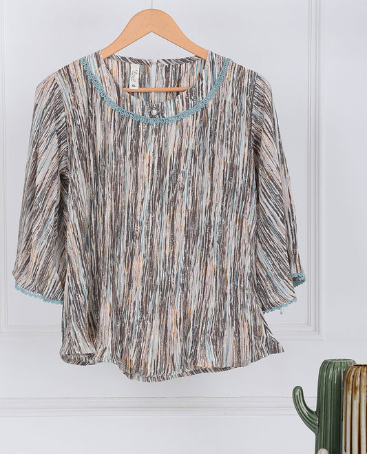 Multi-color abstract-style printed round-neck & 3/4th sleeve top