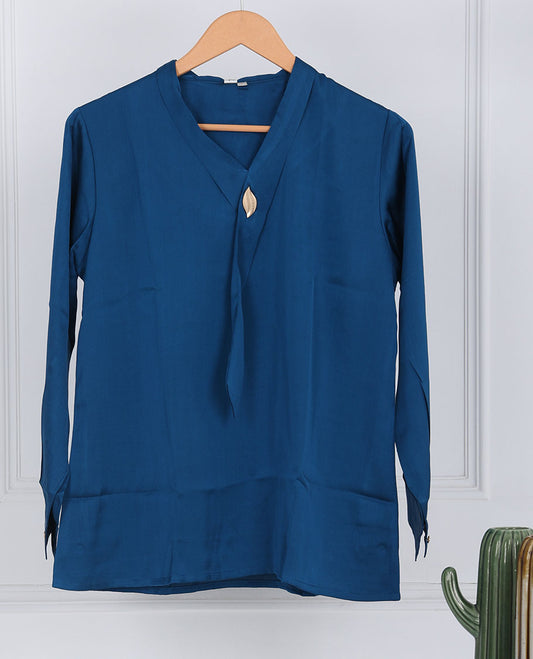 Blue plain deep front V-neck & full-sleeve top