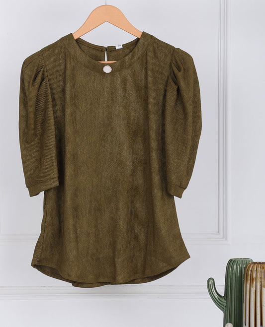 Green heathered-style round-neck & elbow sleeve top