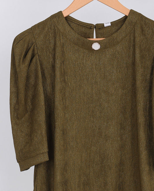 Green heathered-style round-neck & elbow sleeve top