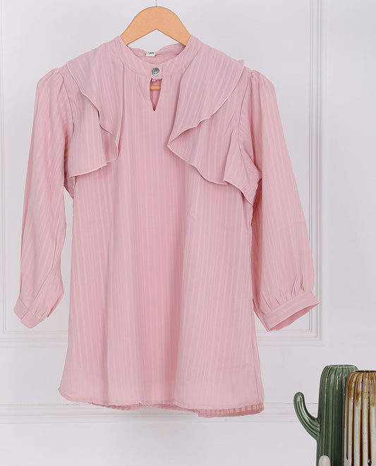 Pink striped ruffle-type round Chinese collar & 3/4th sleeve top