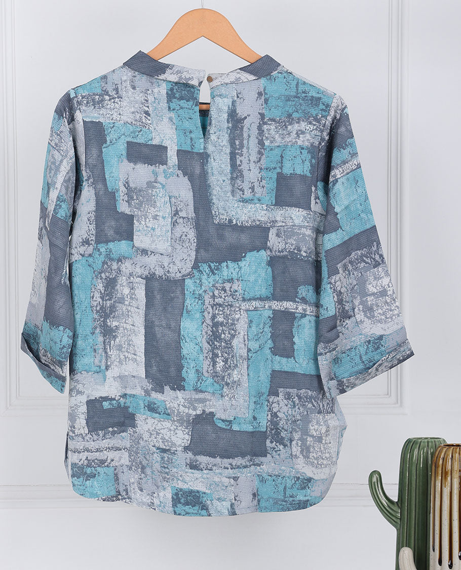 Multi-color abstract-style printed round-neck & 3/4th sleeve top