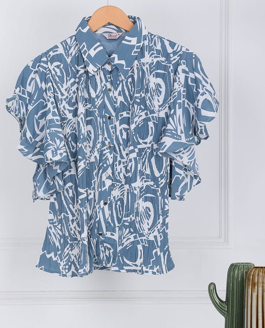 Blue uniquely printed regular-collar & butterfly sleeve rayon top