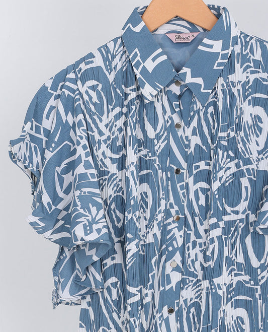Blue uniquely printed regular-collar & butterfly sleeve rayon top