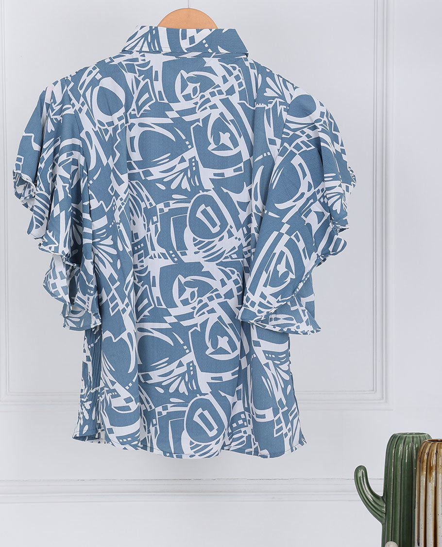 Blue uniquely printed regular-collar & butterfly sleeve rayon top