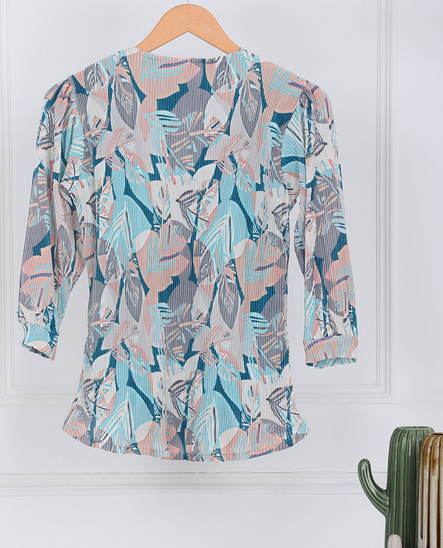 Multi-color tropical printed 3/4th sleeve attached-coat model top