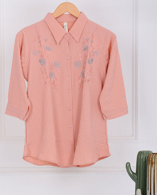 Peach floral vine thread embroidered regular-collar & 3/4th-sleeve top