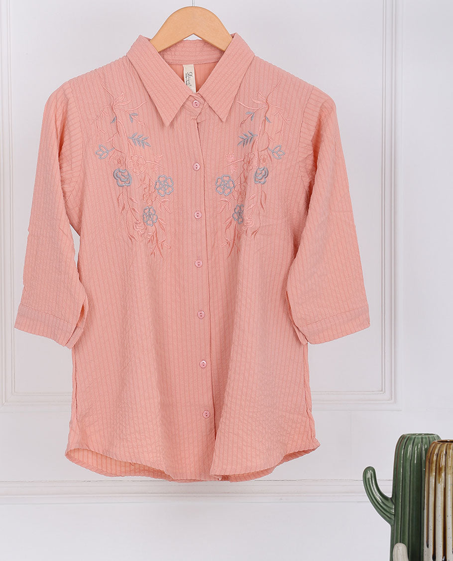 Peach floral vine thread embroidered regular-collar & 3/4th-sleeve top