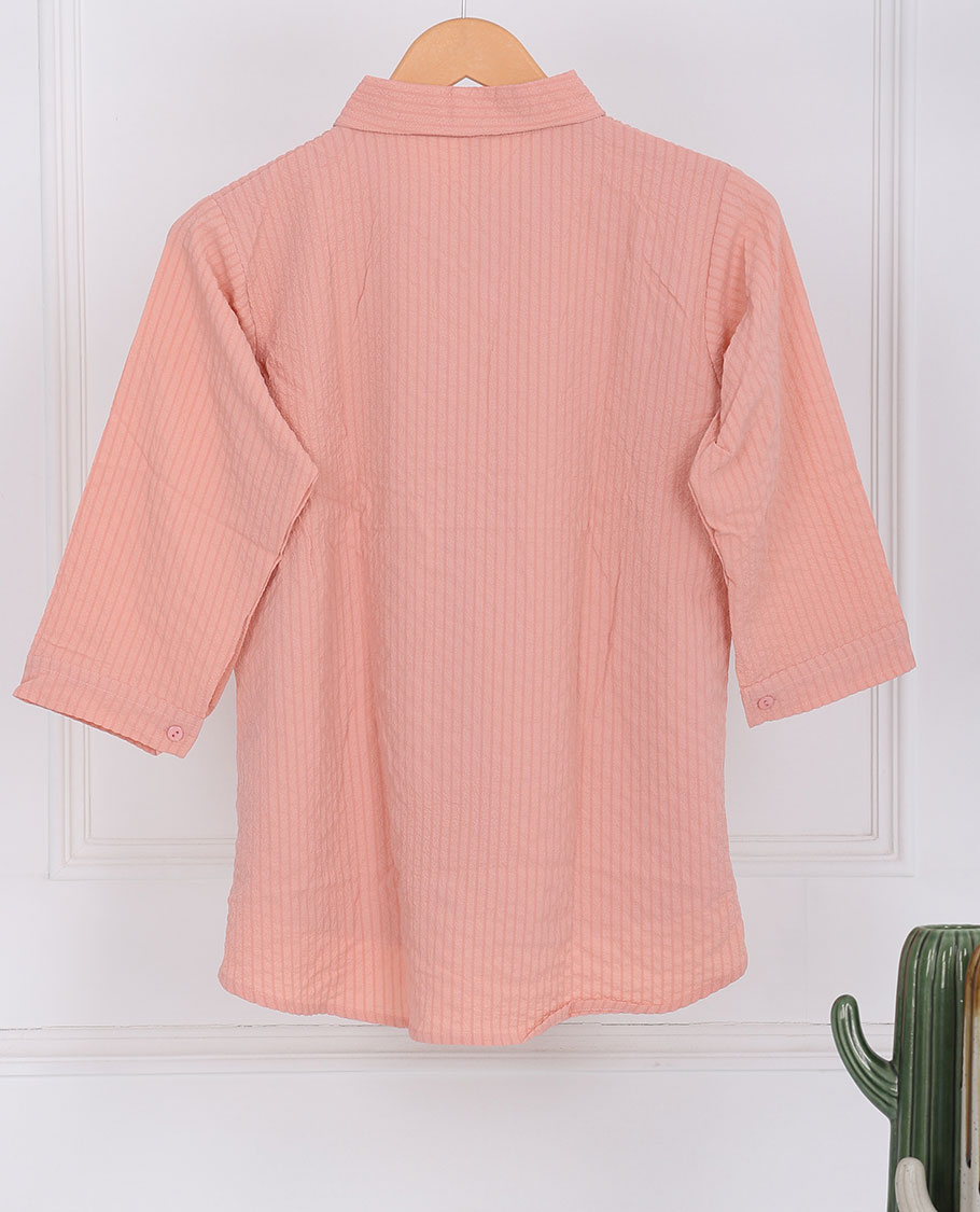 Peach floral vine thread embroidered regular-collar & 3/4th-sleeve top