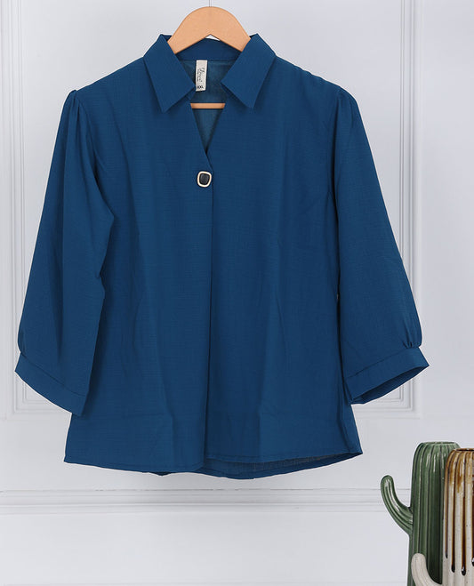 Blue solid Chinese collar & 3/4th-sleeve georgette top