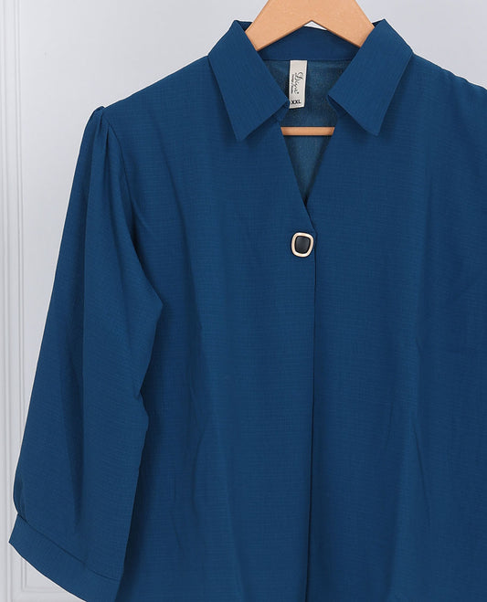 Blue solid Chinese collar & 3/4th-sleeve georgette top