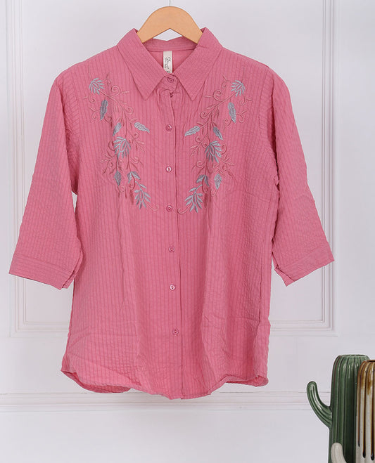 Pink floral vine thread embroidered regular-collar & 3/4th-sleeve top