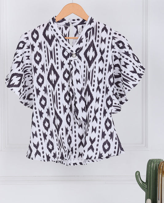 White ikkat-style uniquely printed front v-neck & butterfly sleeve top