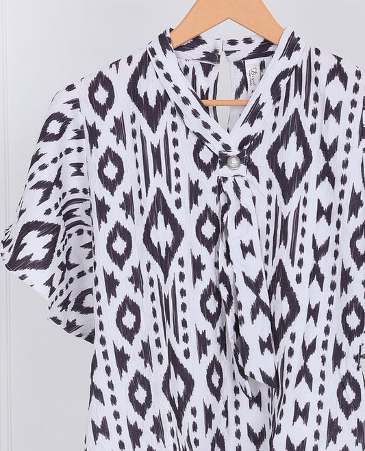White ikkat-style uniquely printed front v-neck & butterfly sleeve top