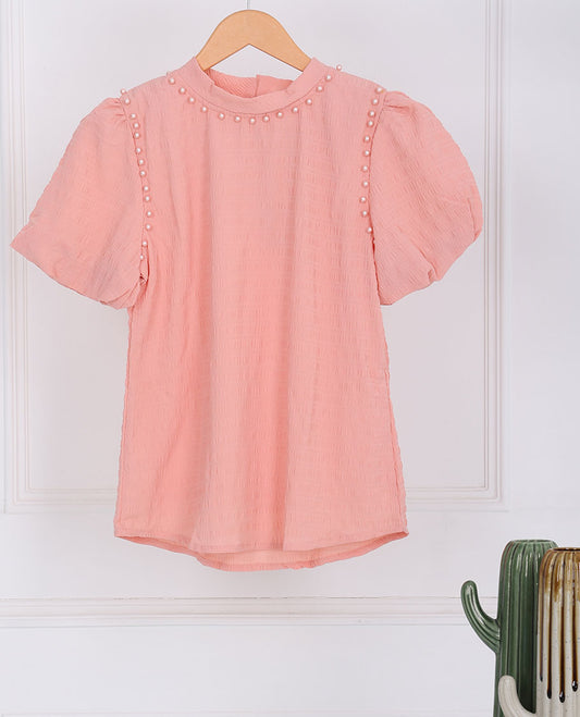 Peach pearl bead embroidered front round-neck & short sleeve top
