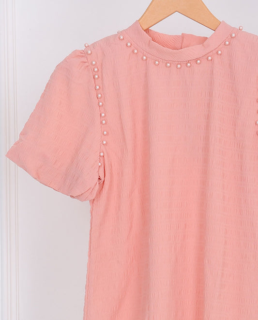 Peach pearl bead embroidered front round-neck & short sleeve top