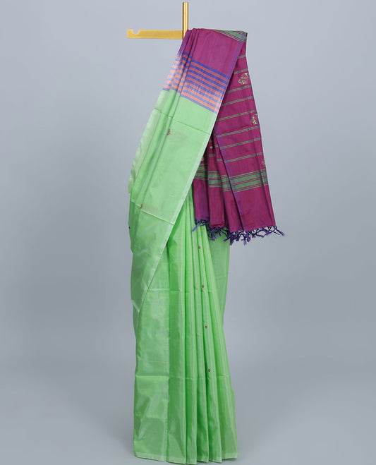 Borderless green banana pith saree with all-over unique buttas, contrast pallu of stripes 