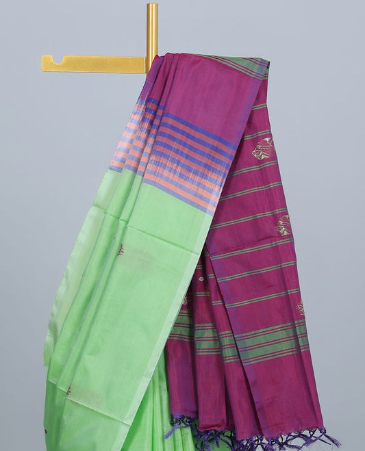Borderless green banana pith saree with all-over unique buttas, contrast pallu of stripes 