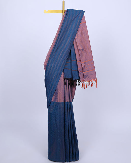 Borderless purple & blue aarani saree with zig-zag stripes, self-pallu of stripes & zig-zag stripes