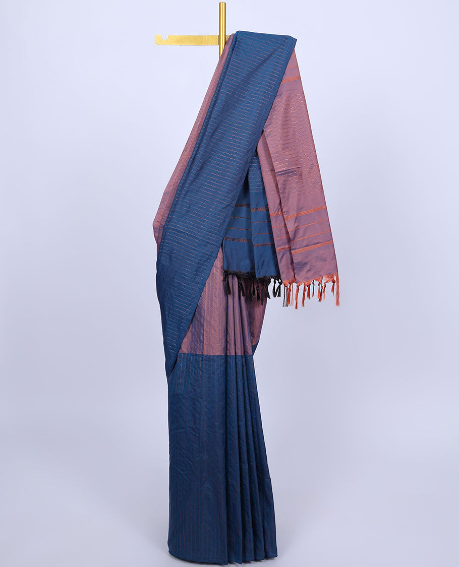 Borderless purple & blue aarani saree with zig-zag stripes, self-pallu of stripes & zig-zag stripes